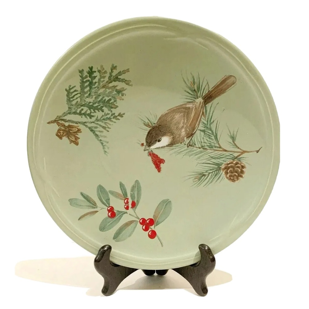 Pfaltzgraff Winterwood Decorative Ceramic Plate Chickadee Bird Holly Berry Green